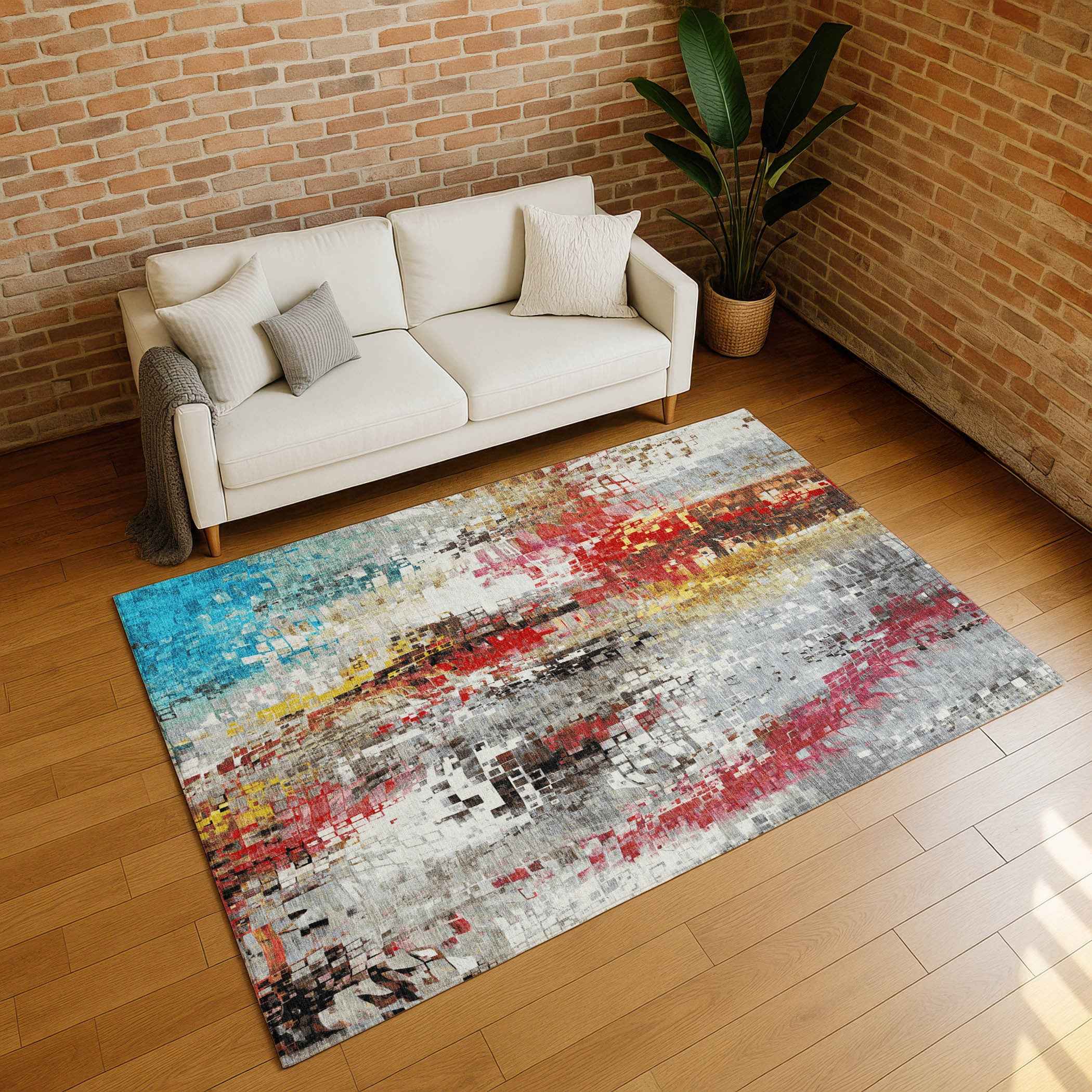 10' X 14' Silver Red Teal Blue And Ivory Abstract Washable Indoor Outdoor Area Rug
