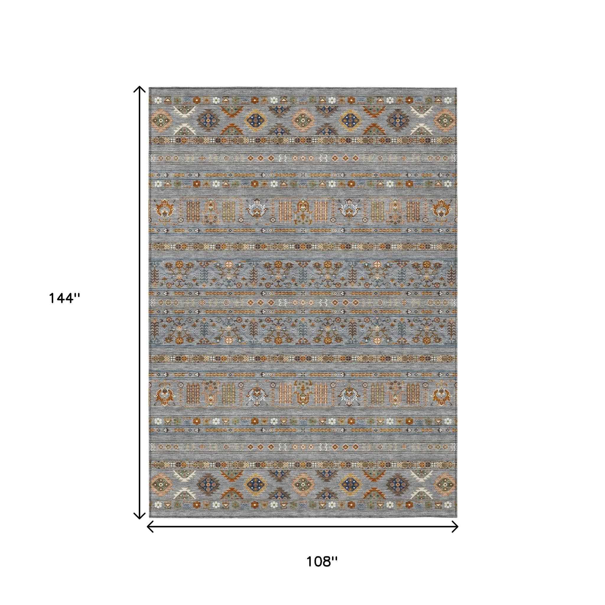 9' X 12' Gray Blue And Copper Tribal Washable Indoor Outdoor Area Rug