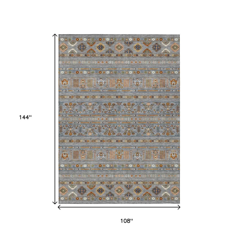 9' X 12' Gray Blue And Copper Tribal Washable Indoor Outdoor Area Rug