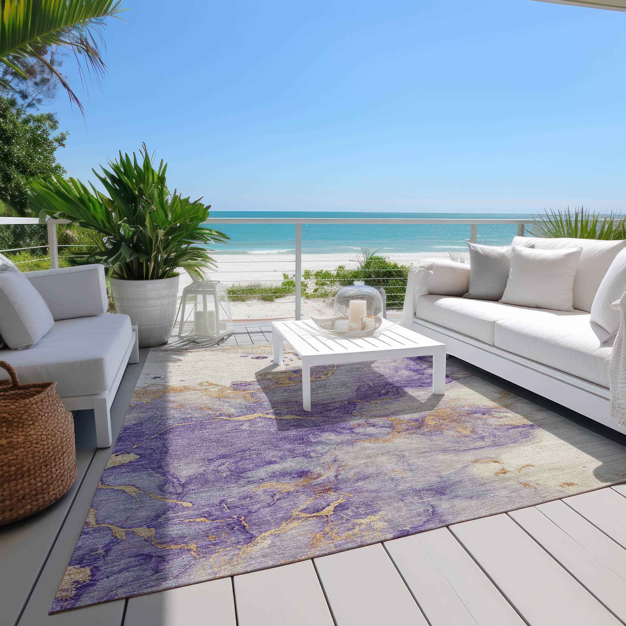 5' X 8' Purple And Gold Abstract Washable Indoor Outdoor Area Rug