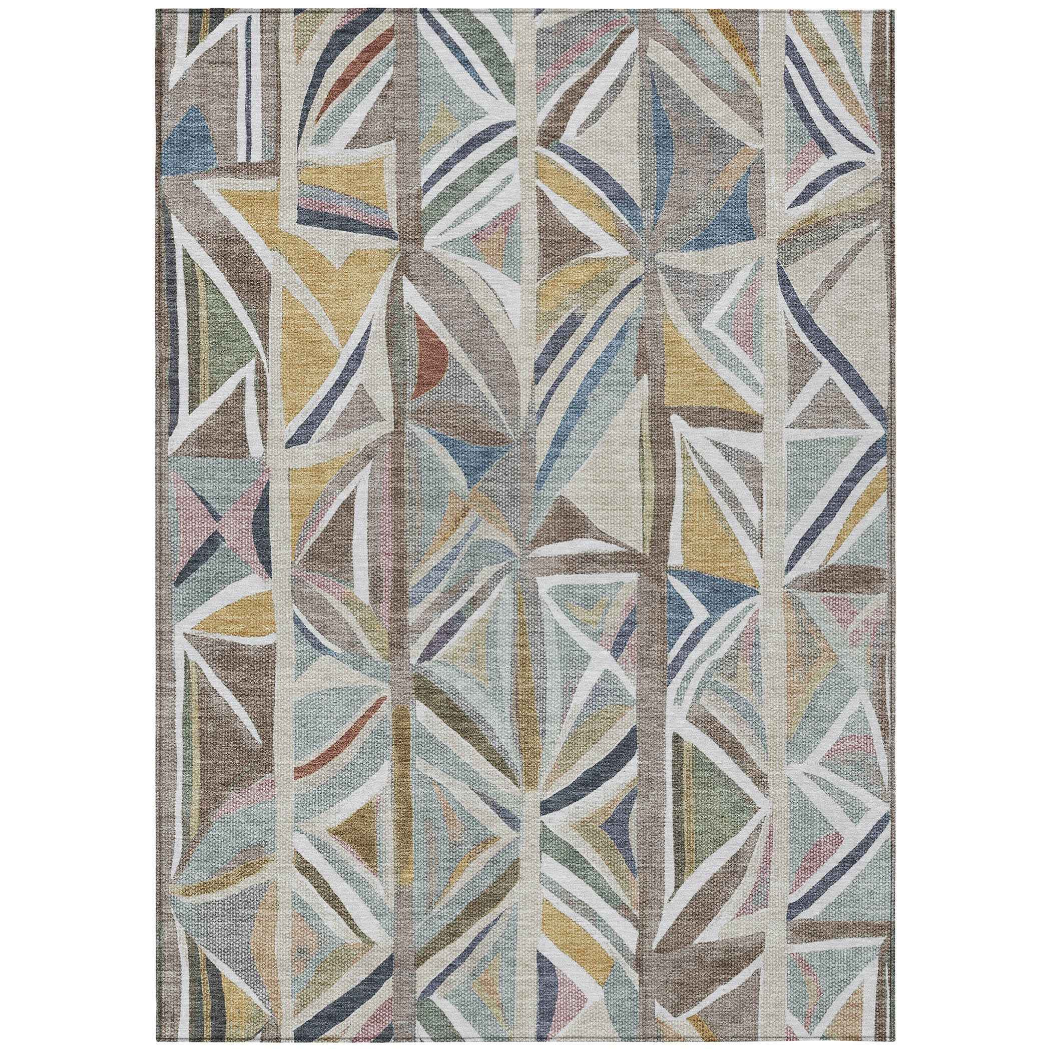 8' X 10' Taupe Ivory And Gold Geometric Washable Indoor Outdoor Area Rug