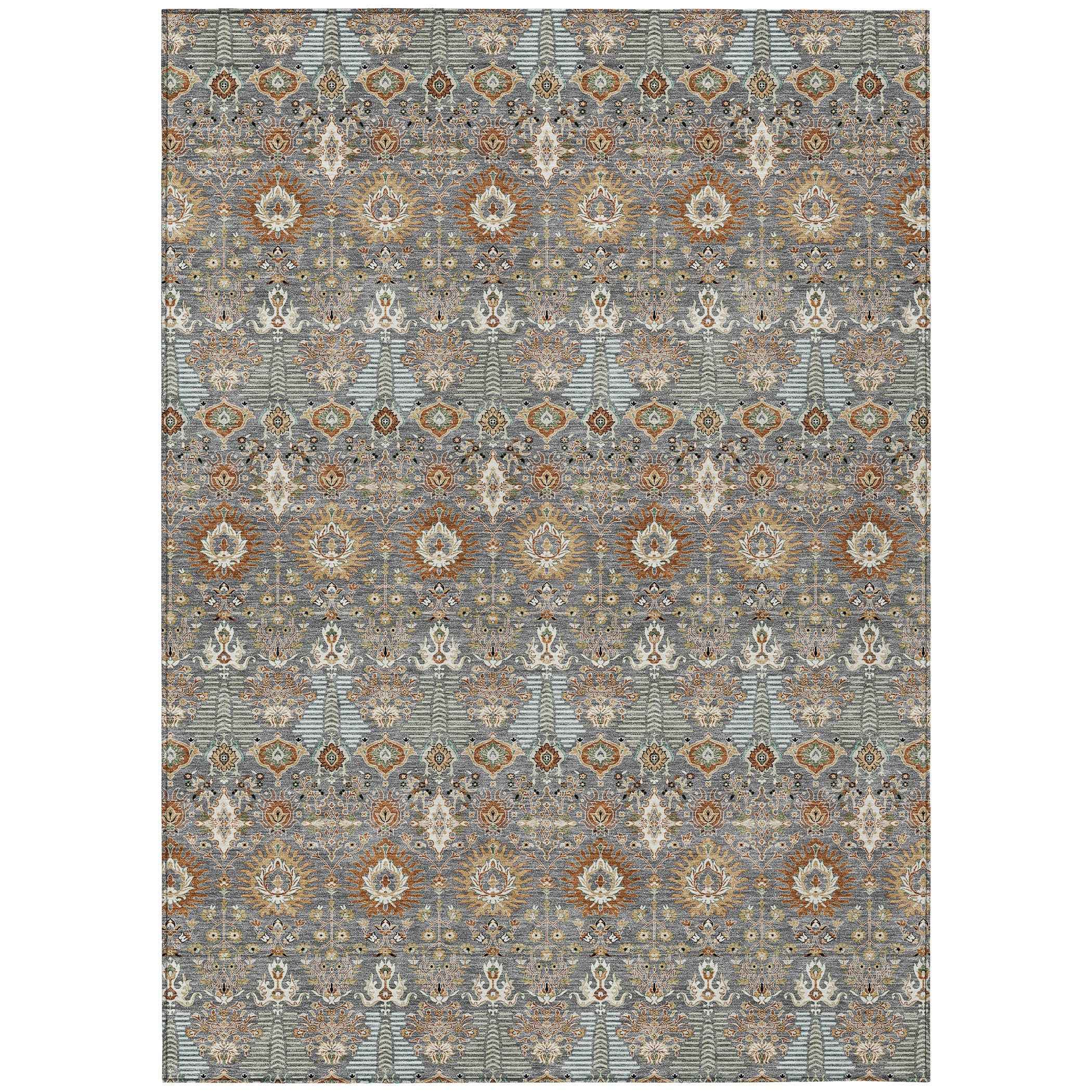 8' X 10' Gray And Copper Floral Washable Indoor Outdoor Area Rug