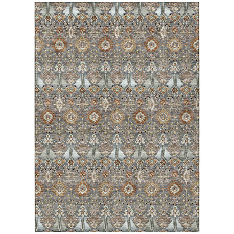 8' X 10' Gray And Copper Floral Washable Indoor Outdoor Area Rug