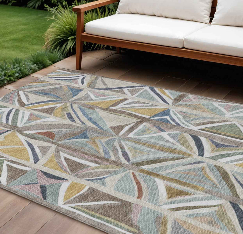8' X 10' Taupe Ivory And Gold Geometric Washable Indoor Outdoor Area Rug