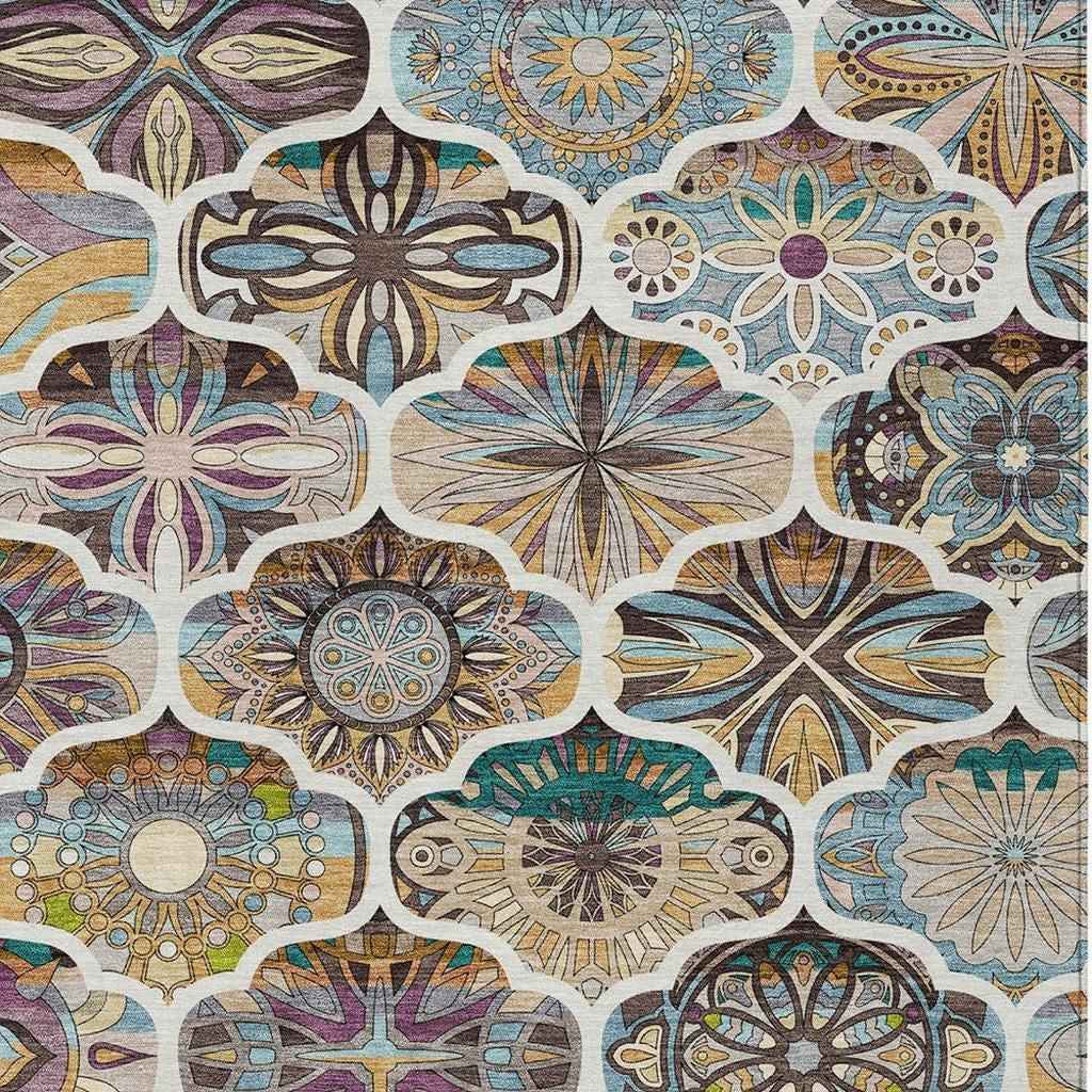 10' X 14' Beige Teal Blue And Copper Quatrefoil Washable Indoor Outdoor Area Rug