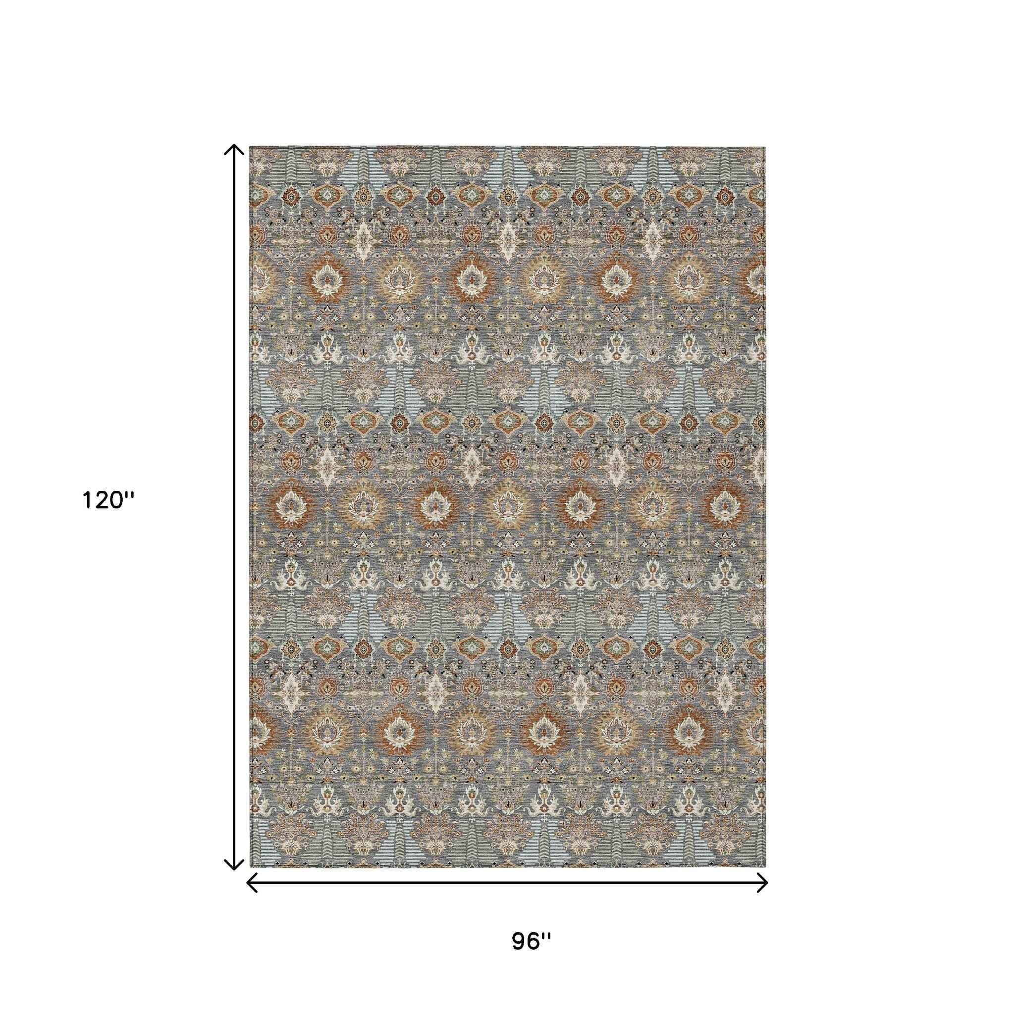 8' X 10' Gray And Copper Floral Washable Indoor Outdoor Area Rug