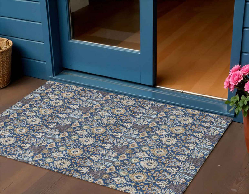 3' X 5' Navy Blue And Ivory Floral Washable Indoor Outdoor Area Rug