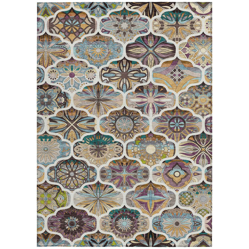 10' X 14' Beige Teal Blue And Copper Quatrefoil Washable Indoor Outdoor Area Rug