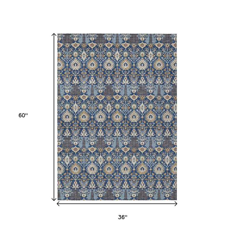 3' X 5' Navy Blue And Ivory Floral Washable Indoor Outdoor Area Rug