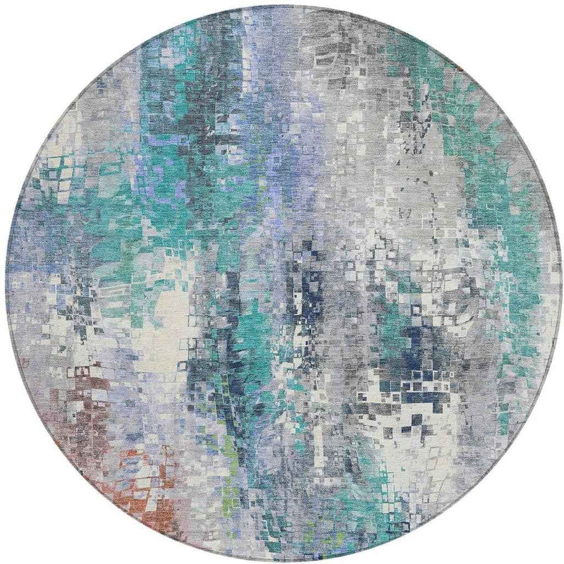 8' Teal Blue Ivory Gray And Copper Round Abstract Washable Indoor Outdoor Area Rug