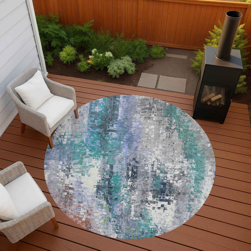 8' Teal Blue Ivory Gray And Copper Round Abstract Washable Indoor Outdoor Area Rug