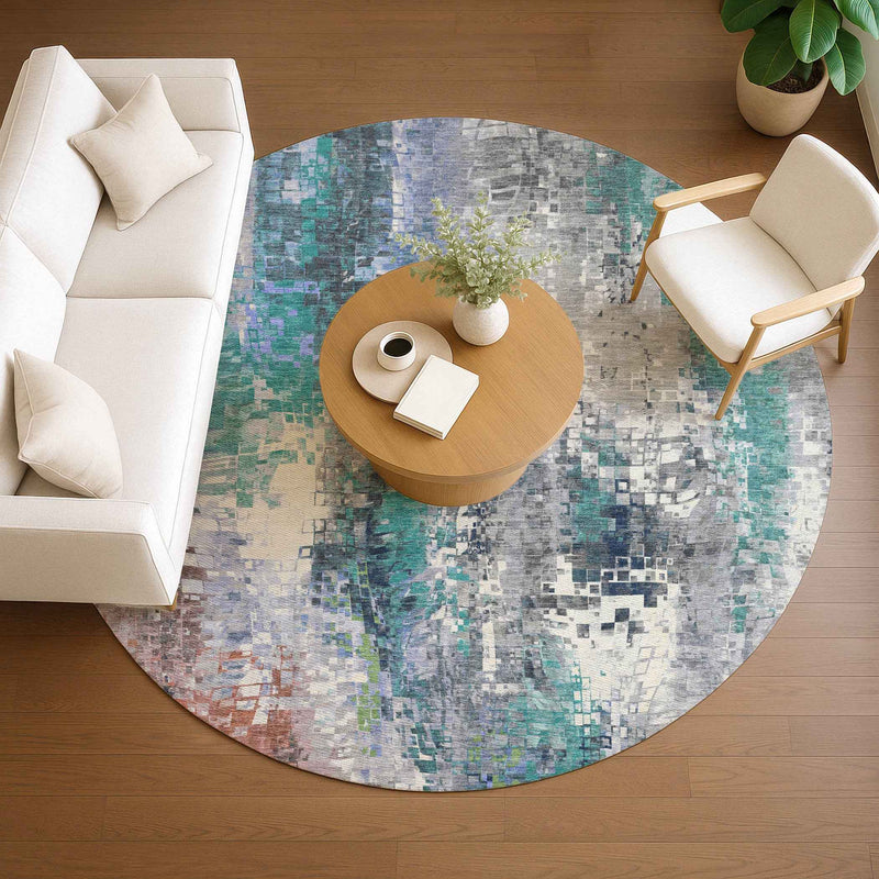 8' Teal Blue Ivory Gray And Copper Round Abstract Washable Indoor Outdoor Area Rug