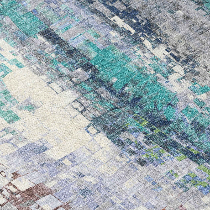 8' Teal Blue Ivory Gray And Copper Round Abstract Washable Indoor Outdoor Area Rug