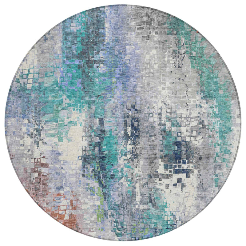 8' Teal Blue Ivory Gray And Copper Round Abstract Washable Indoor Outdoor Area Rug