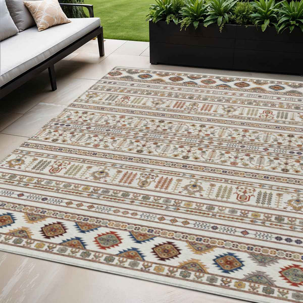 5' X 8' Ivory Blue And Copper Tribal Washable Indoor Outdoor Area Rug