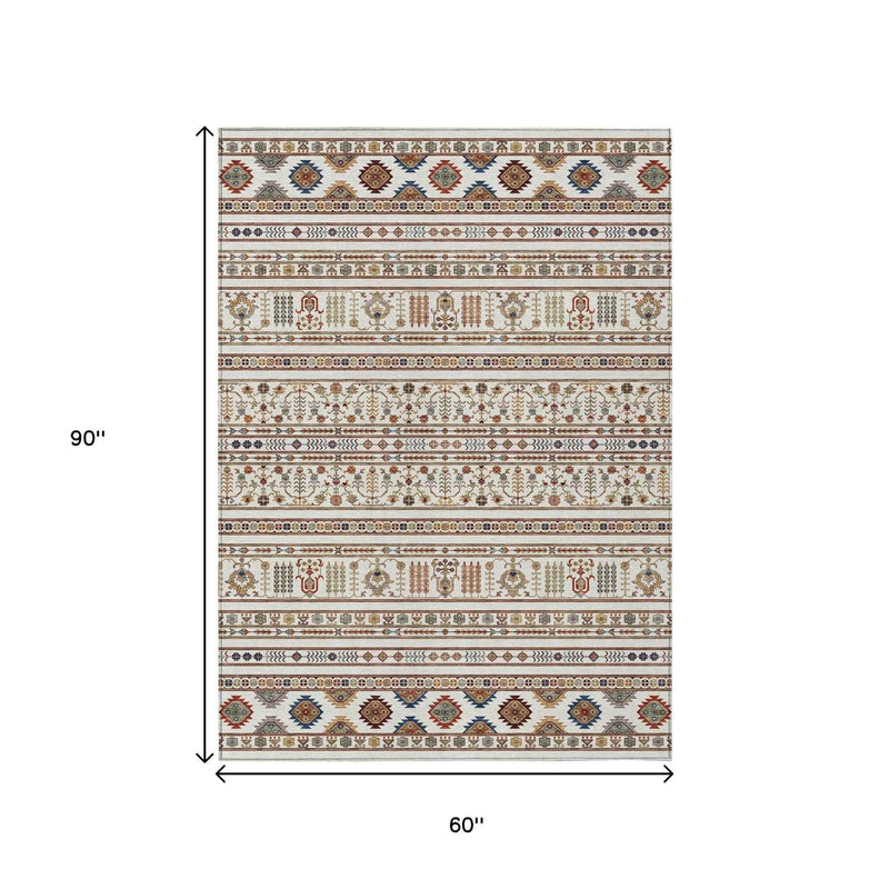 5' X 8' Ivory Blue And Copper Tribal Washable Indoor Outdoor Area Rug
