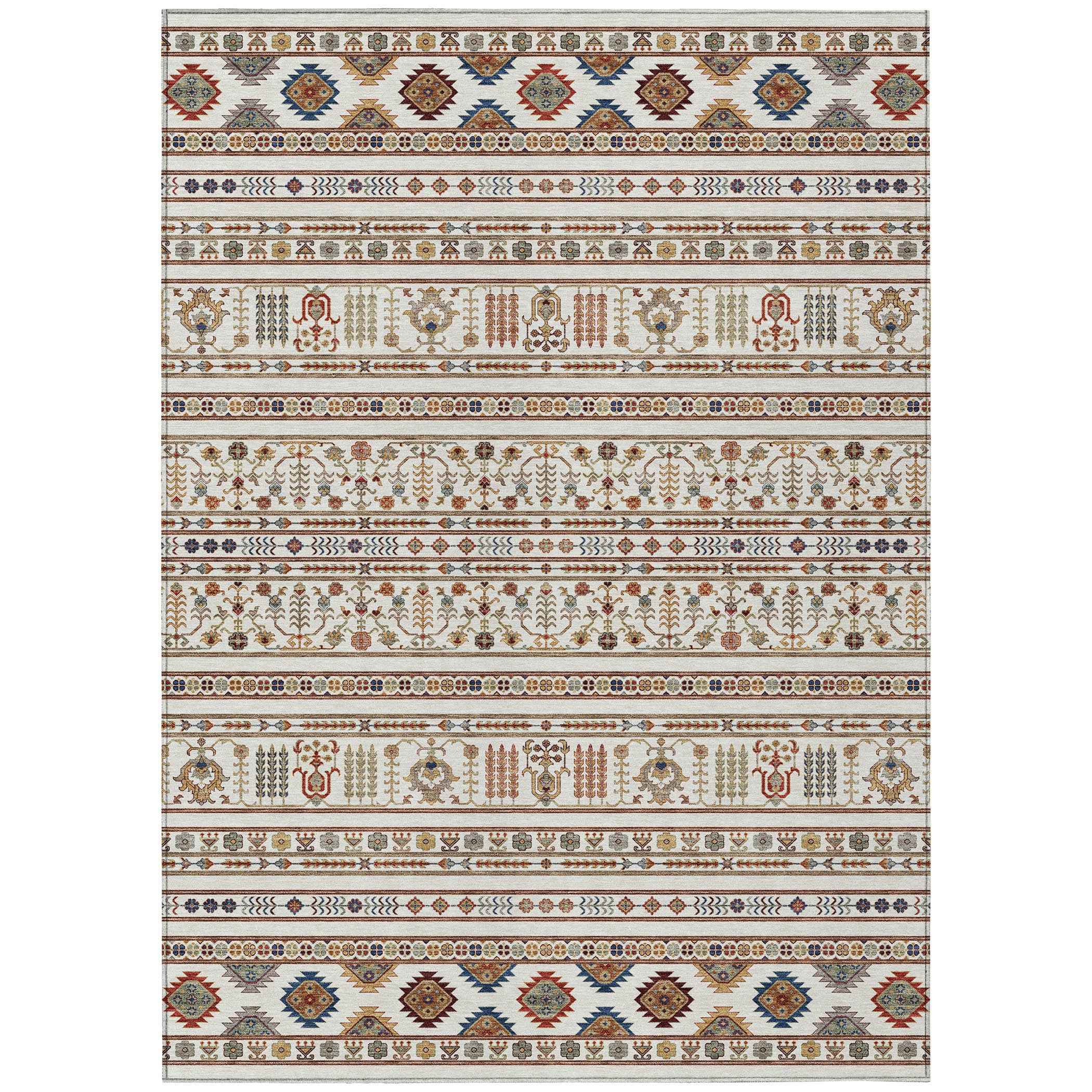 5' X 8' Ivory Blue And Copper Tribal Washable Indoor Outdoor Area Rug