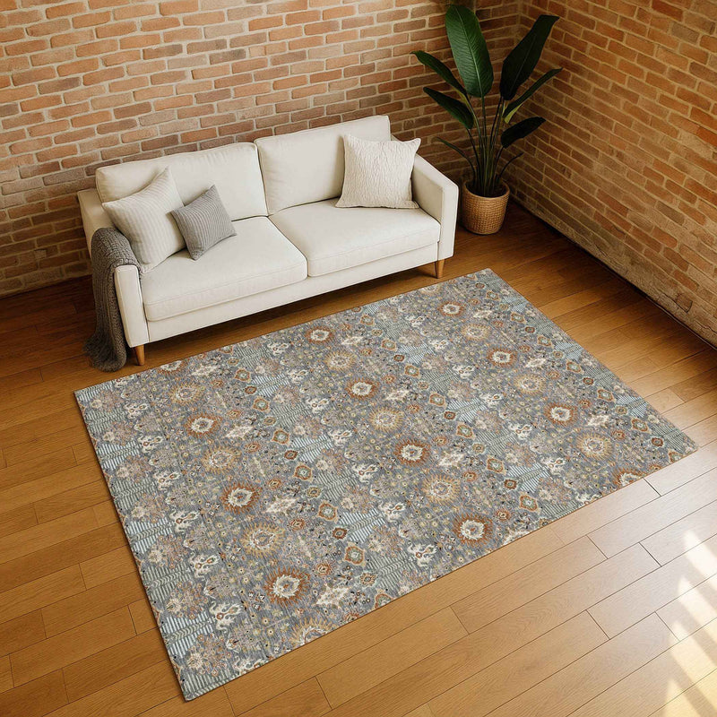 10' X 14' Gray And Copper Floral Washable Indoor Outdoor Area Rug