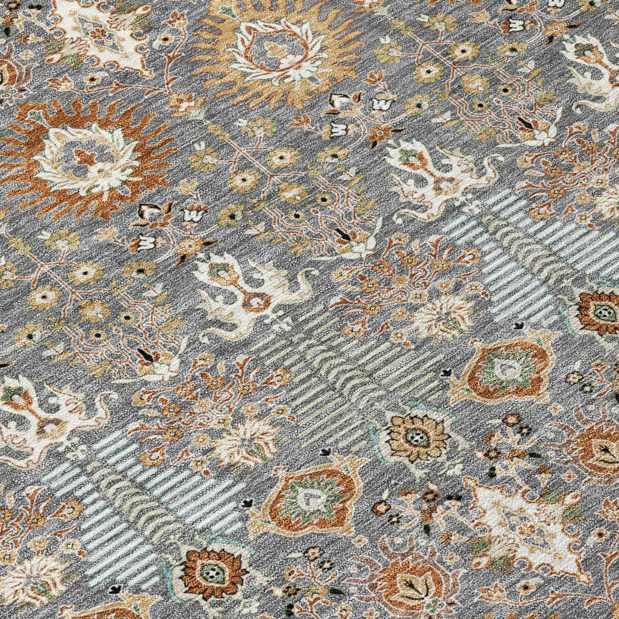 10' X 14' Gray And Copper Floral Washable Indoor Outdoor Area Rug