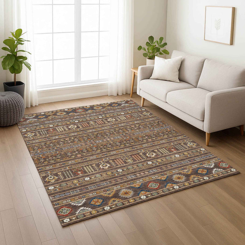 8' X 10' Chocolate Blue And Copper Tribal Washable Indoor Outdoor Area Rug