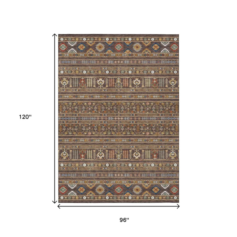 8' X 10' Chocolate Blue And Copper Tribal Washable Indoor Outdoor Area Rug
