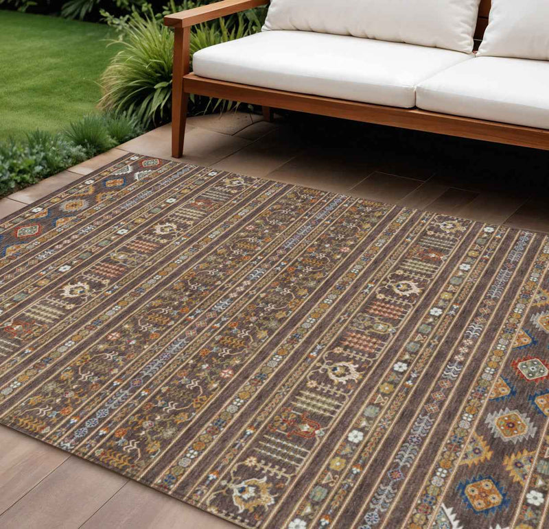 8' X 10' Chocolate Blue And Copper Tribal Washable Indoor Outdoor Area Rug