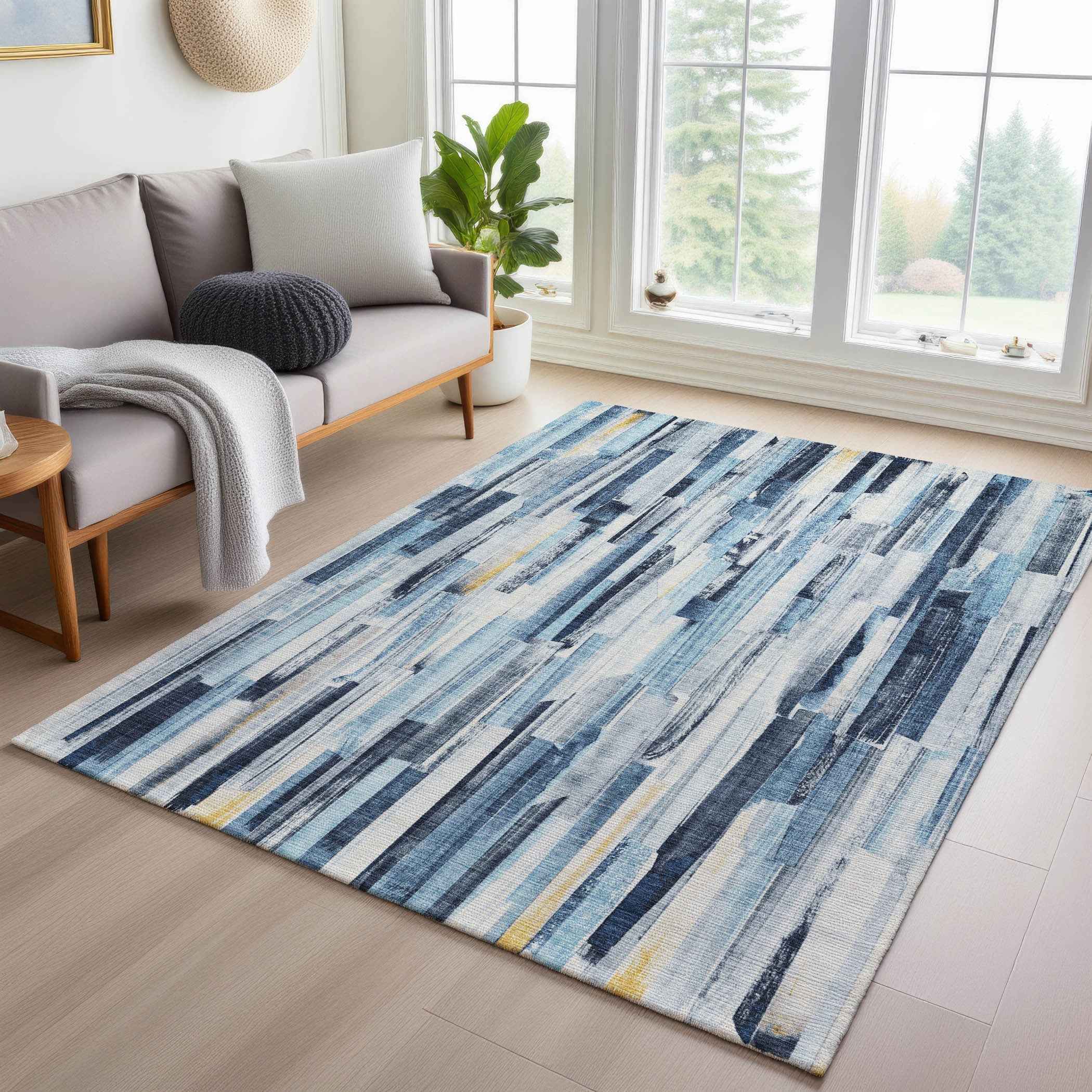 10' X 14' Denim Blue And Ivory Striped Washable Indoor Outdoor Area Rug