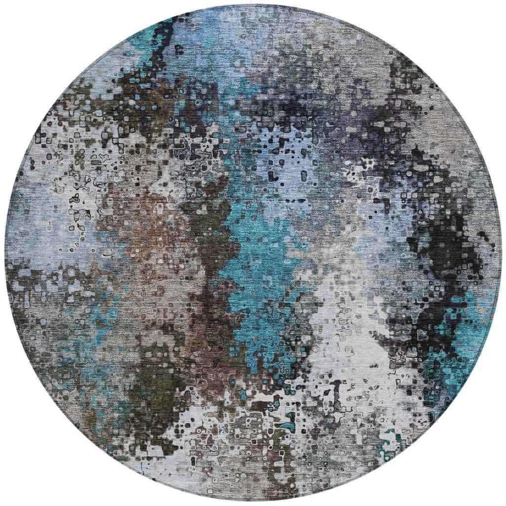 8' Khaki Ivory And Blue Round Abstract Washable Indoor Outdoor Area Rug