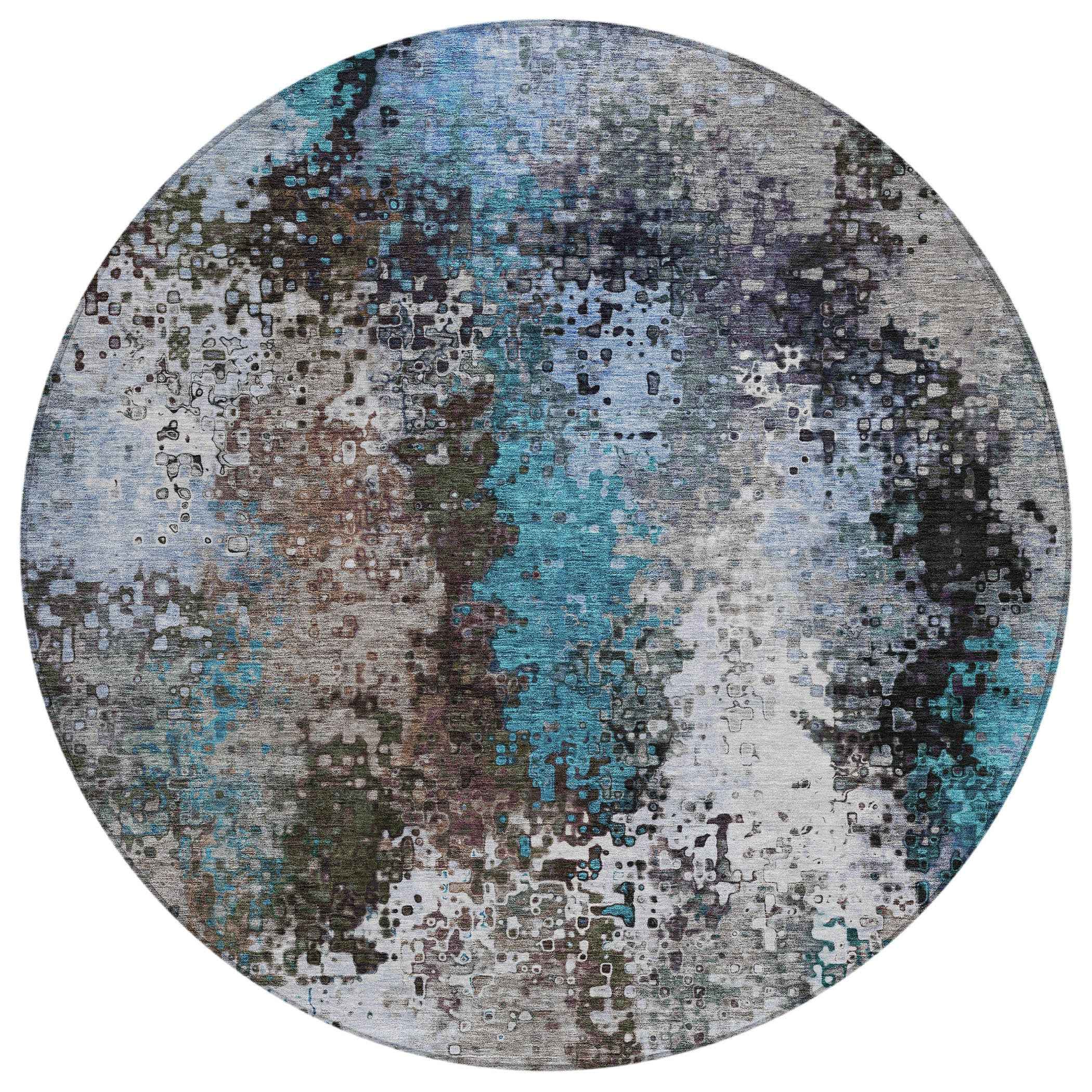 8' Khaki Ivory And Blue Round Abstract Washable Indoor Outdoor Area Rug
