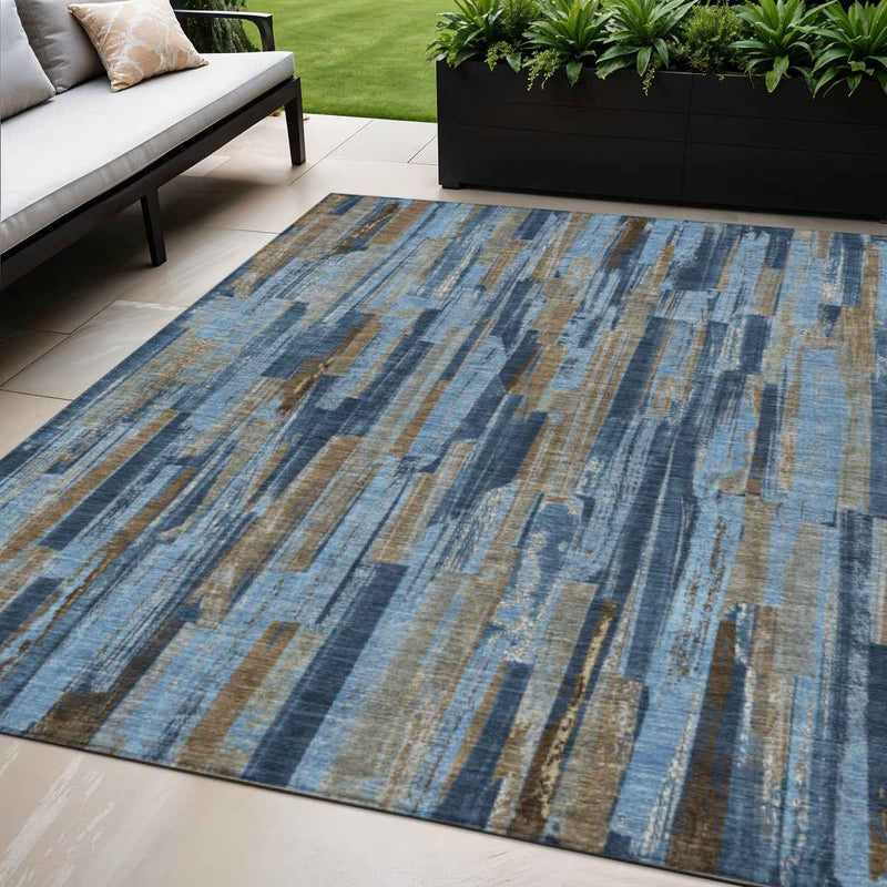 5' X 8' Navy Blue And Taupe Striped Washable Indoor Outdoor Area Rug