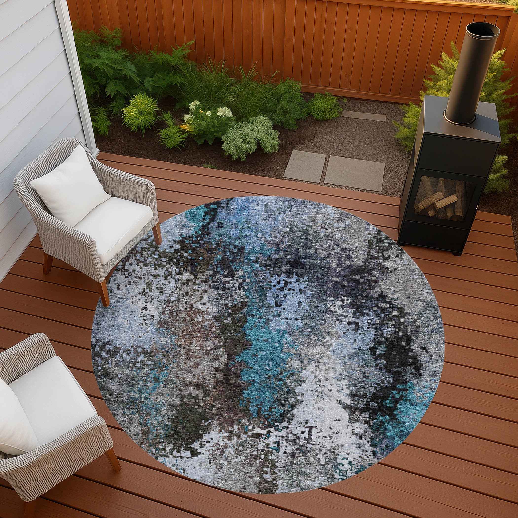 8' Khaki Ivory And Blue Round Abstract Washable Indoor Outdoor Area Rug