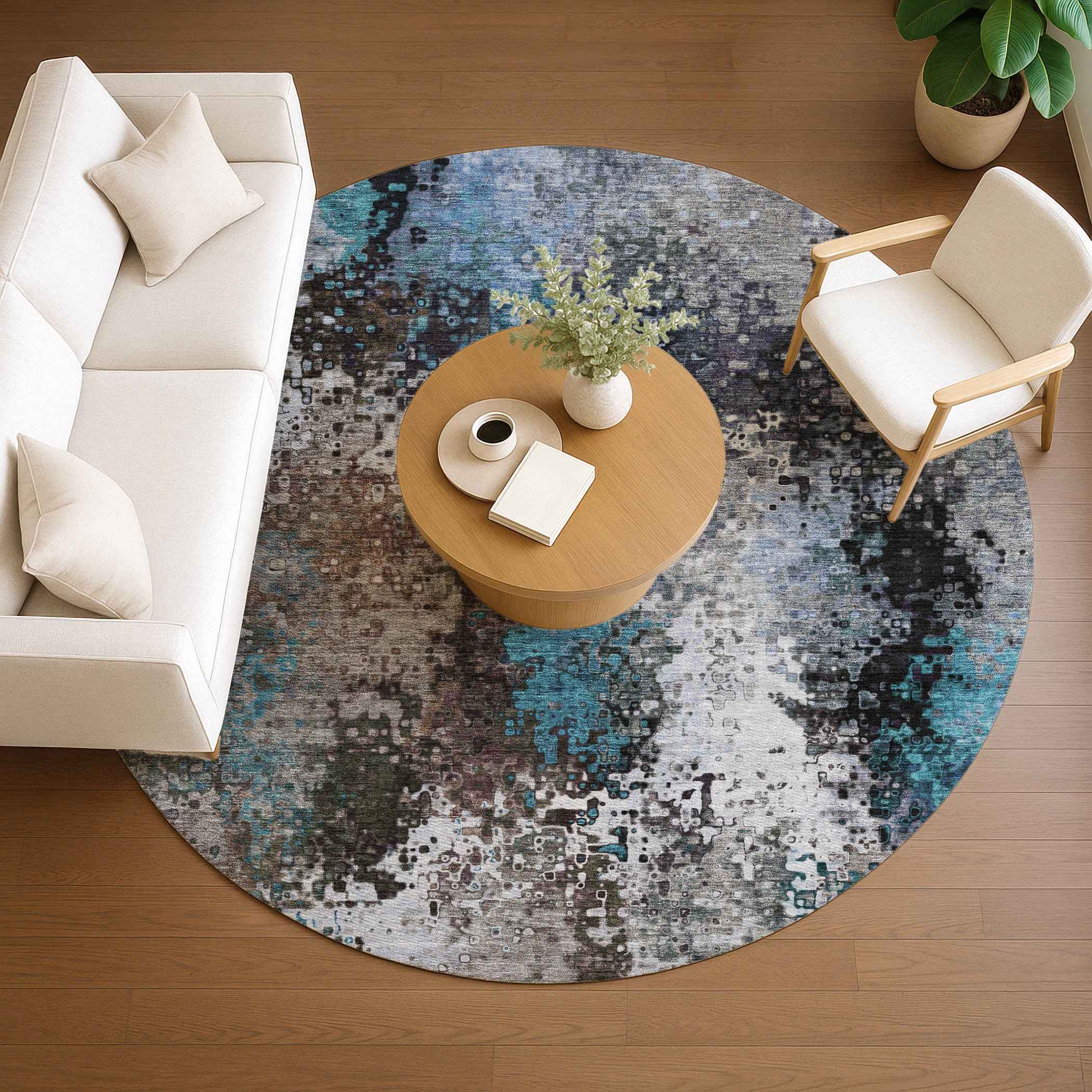 8' Khaki Ivory And Blue Round Abstract Washable Indoor Outdoor Area Rug