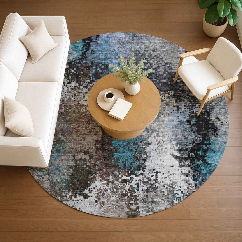 8' Khaki Ivory And Blue Round Abstract Washable Indoor Outdoor Area Rug