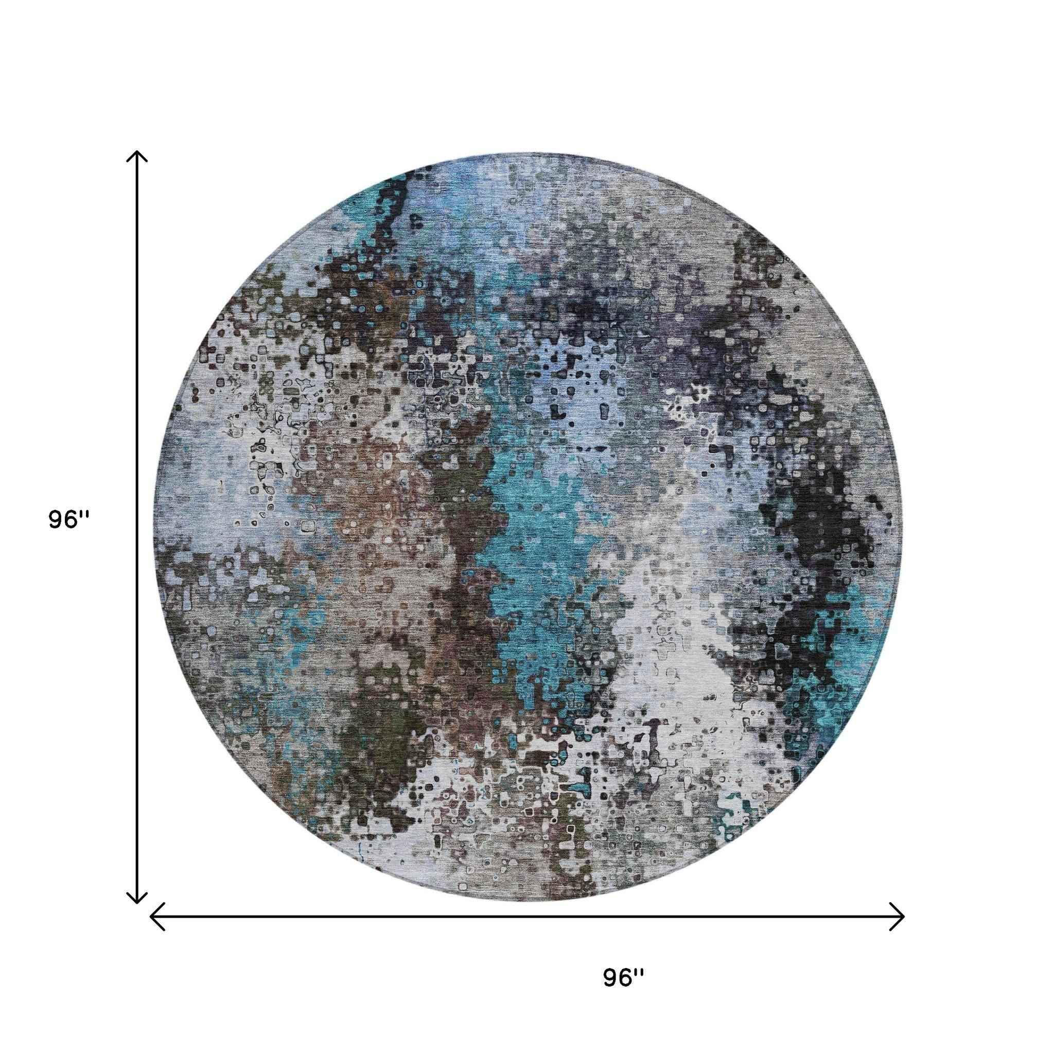 8' Khaki Ivory And Blue Round Abstract Washable Indoor Outdoor Area Rug