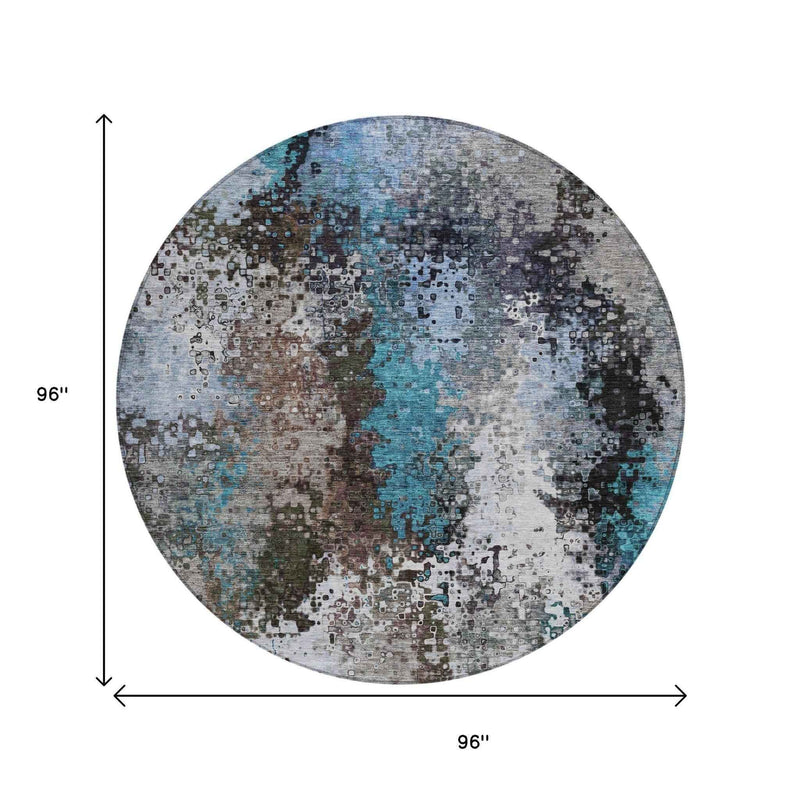 8' Khaki Ivory And Blue Round Abstract Washable Indoor Outdoor Area Rug