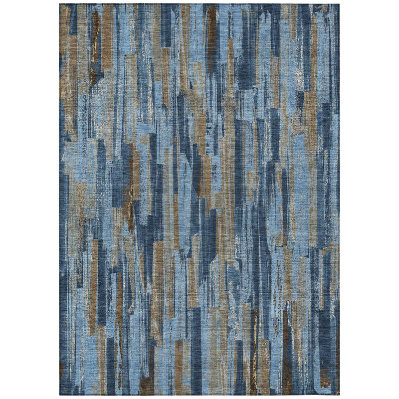 5' X 8' Navy Blue And Taupe Striped Washable Indoor Outdoor Area Rug