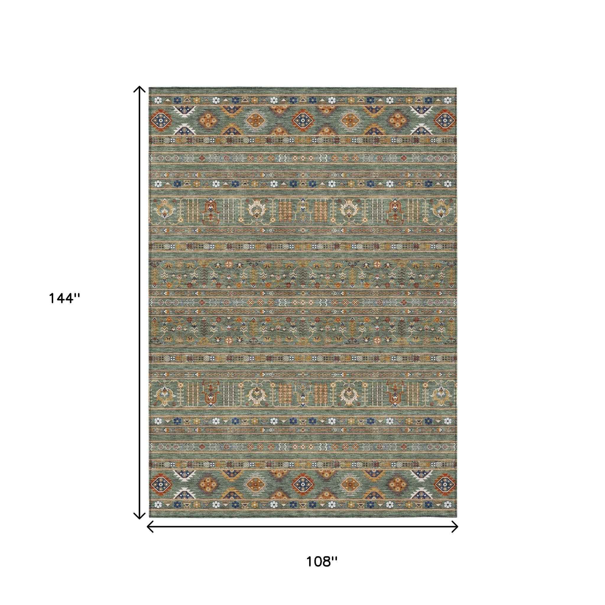 9' X 12' Sage Gold And Copper Tribal Washable Indoor Outdoor Area Rug