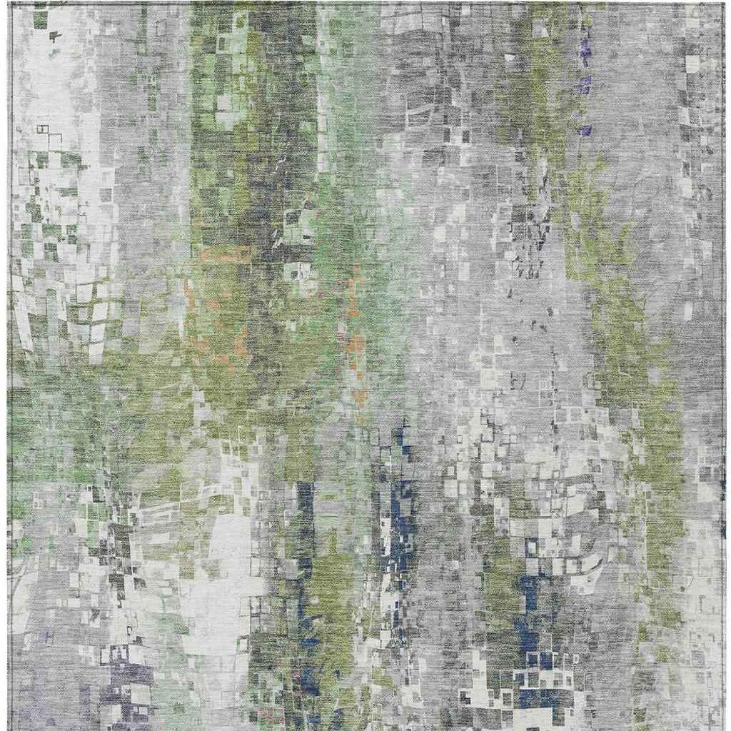 10' X 14' Artichoke Green Ivory And Purple Abstract Washable Indoor Outdoor Area Rug