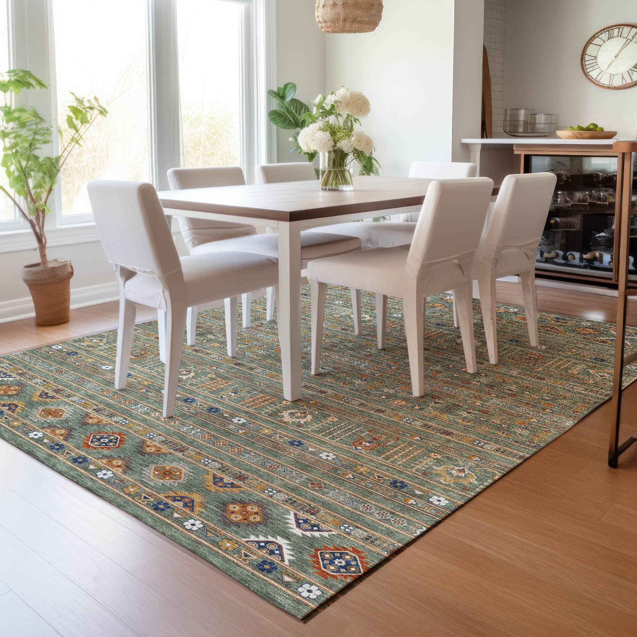 9' X 12' Sage Gold And Copper Tribal Washable Indoor Outdoor Area Rug