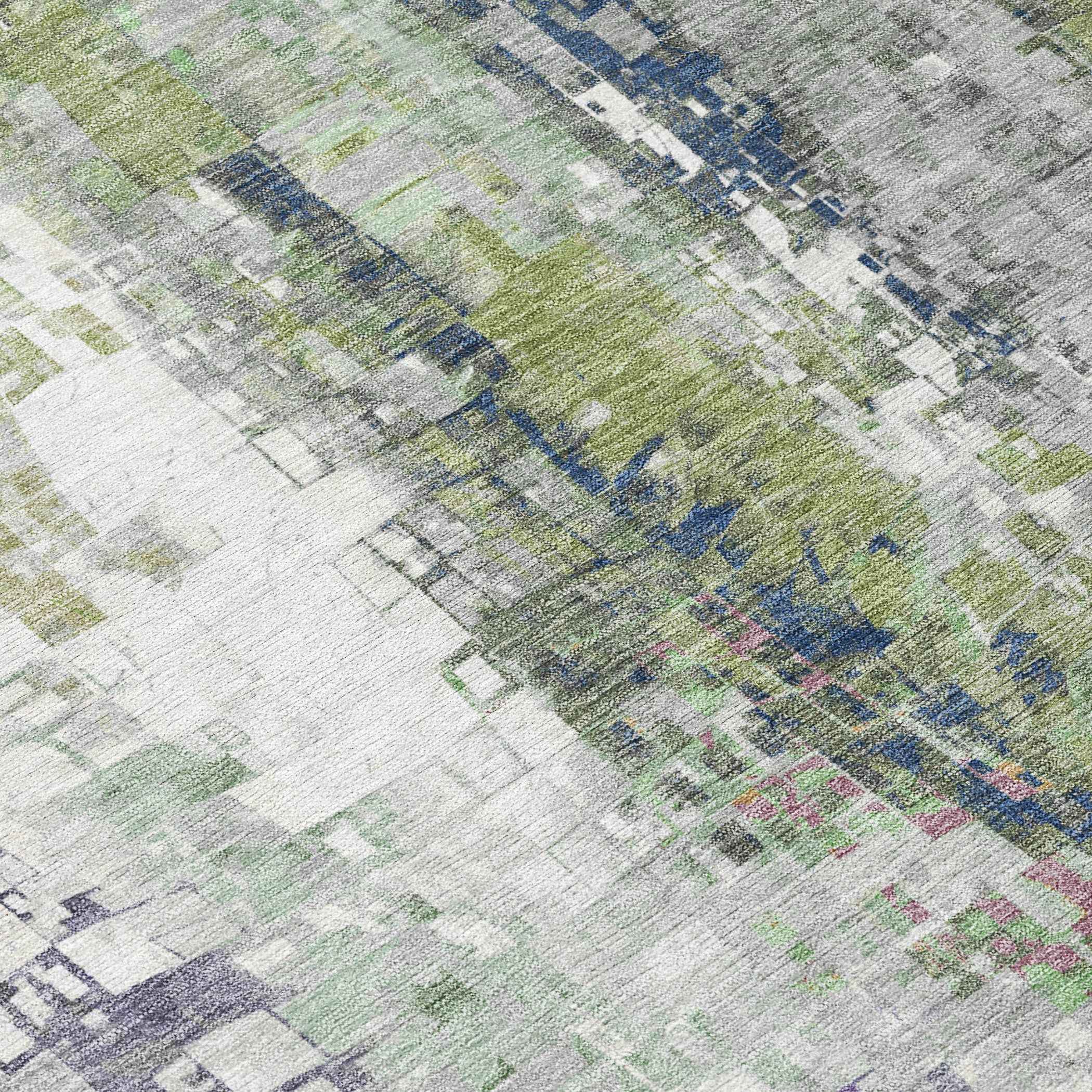 10' X 14' Artichoke Green Ivory And Purple Abstract Washable Indoor Outdoor Area Rug