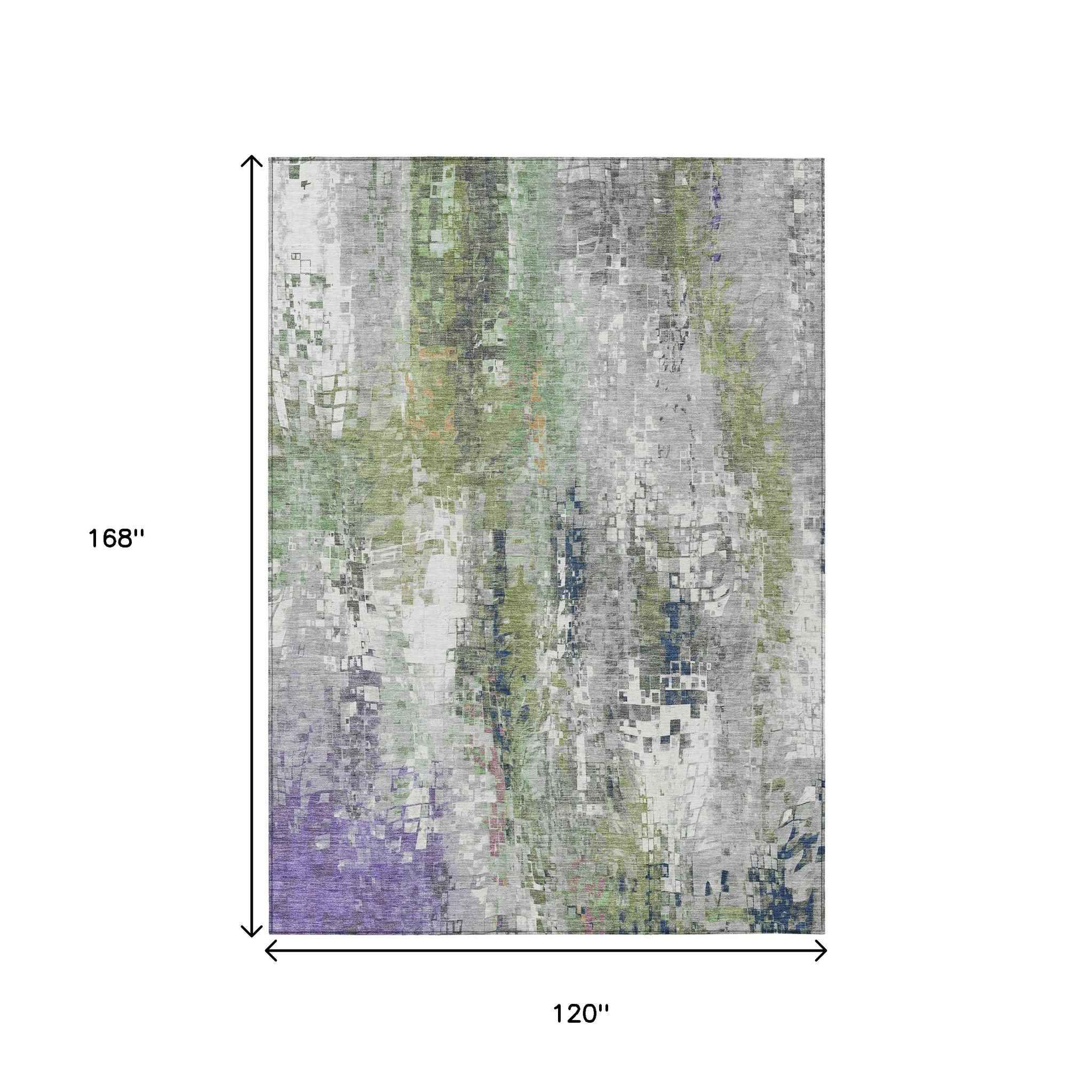 10' X 14' Artichoke Green Ivory And Purple Abstract Washable Indoor Outdoor Area Rug