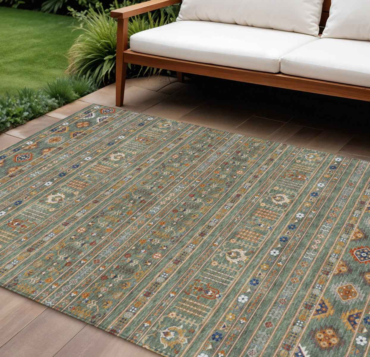 9' X 12' Sage Gold And Copper Tribal Washable Indoor Outdoor Area Rug