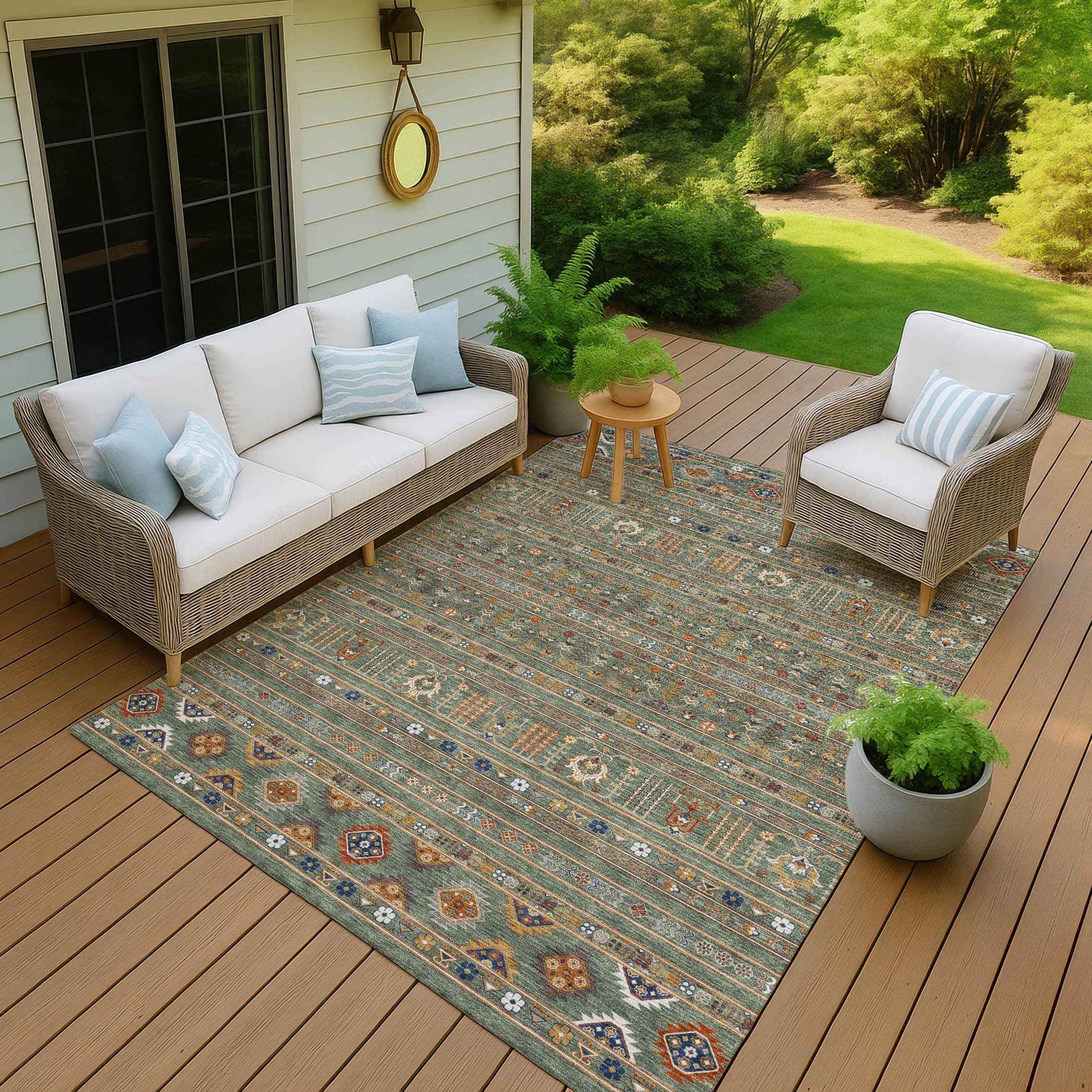 9' X 12' Sage Gold And Copper Tribal Washable Indoor Outdoor Area Rug