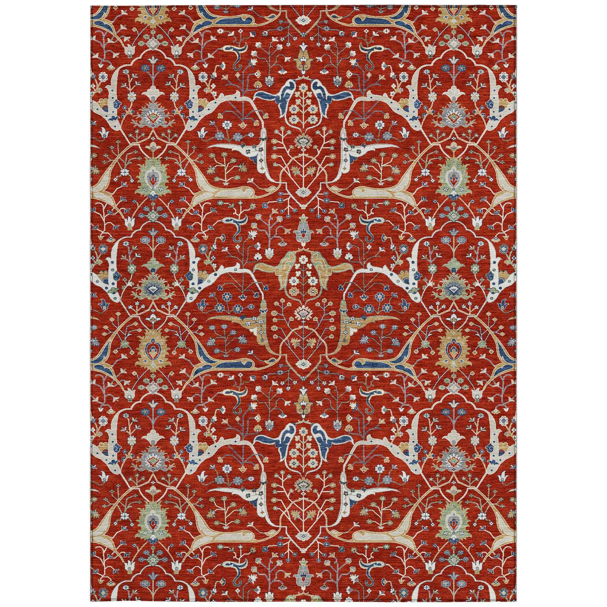 8' X 10' Red Blue And Ivory Floral Washable Indoor Outdoor Area Rug