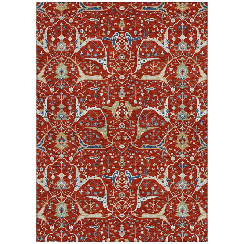 8' X 10' Red Blue And Ivory Floral Washable Indoor Outdoor Area Rug