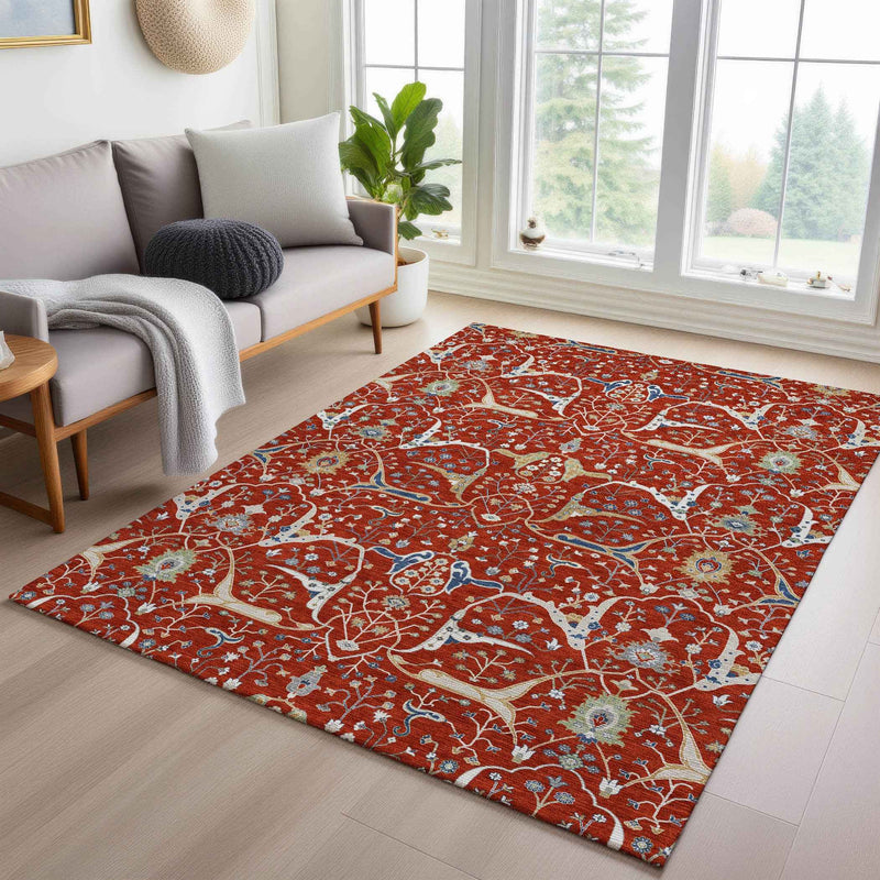 8' X 10' Red Blue And Ivory Floral Washable Indoor Outdoor Area Rug