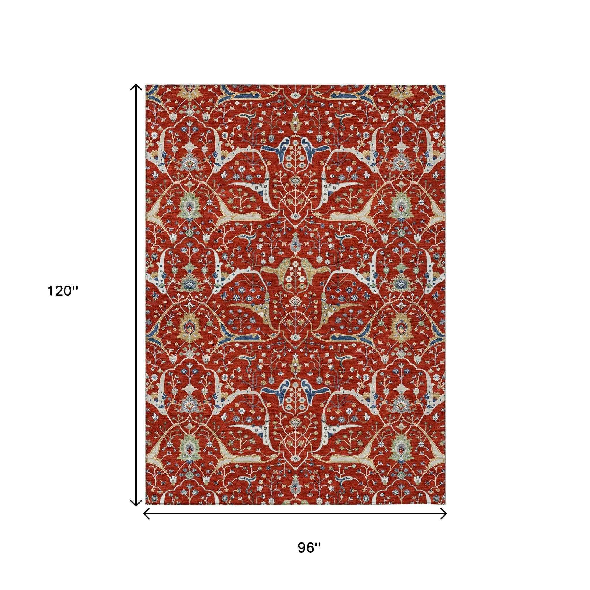 8' X 10' Red Blue And Ivory Floral Washable Indoor Outdoor Area Rug