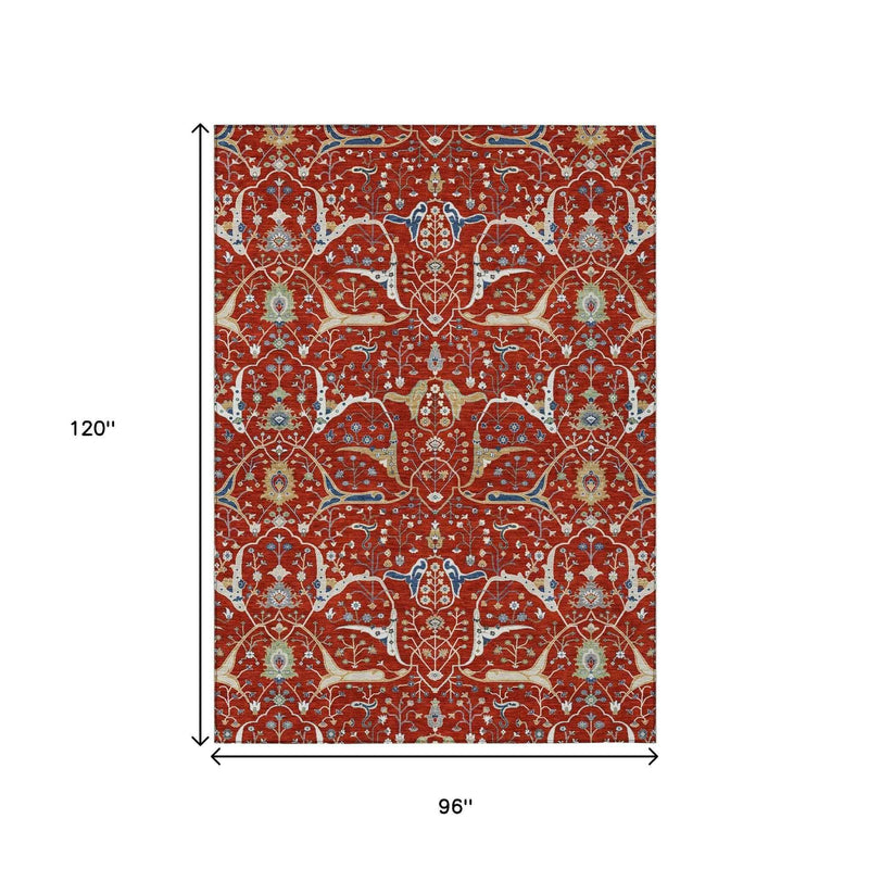8' X 10' Red Blue And Ivory Floral Washable Indoor Outdoor Area Rug