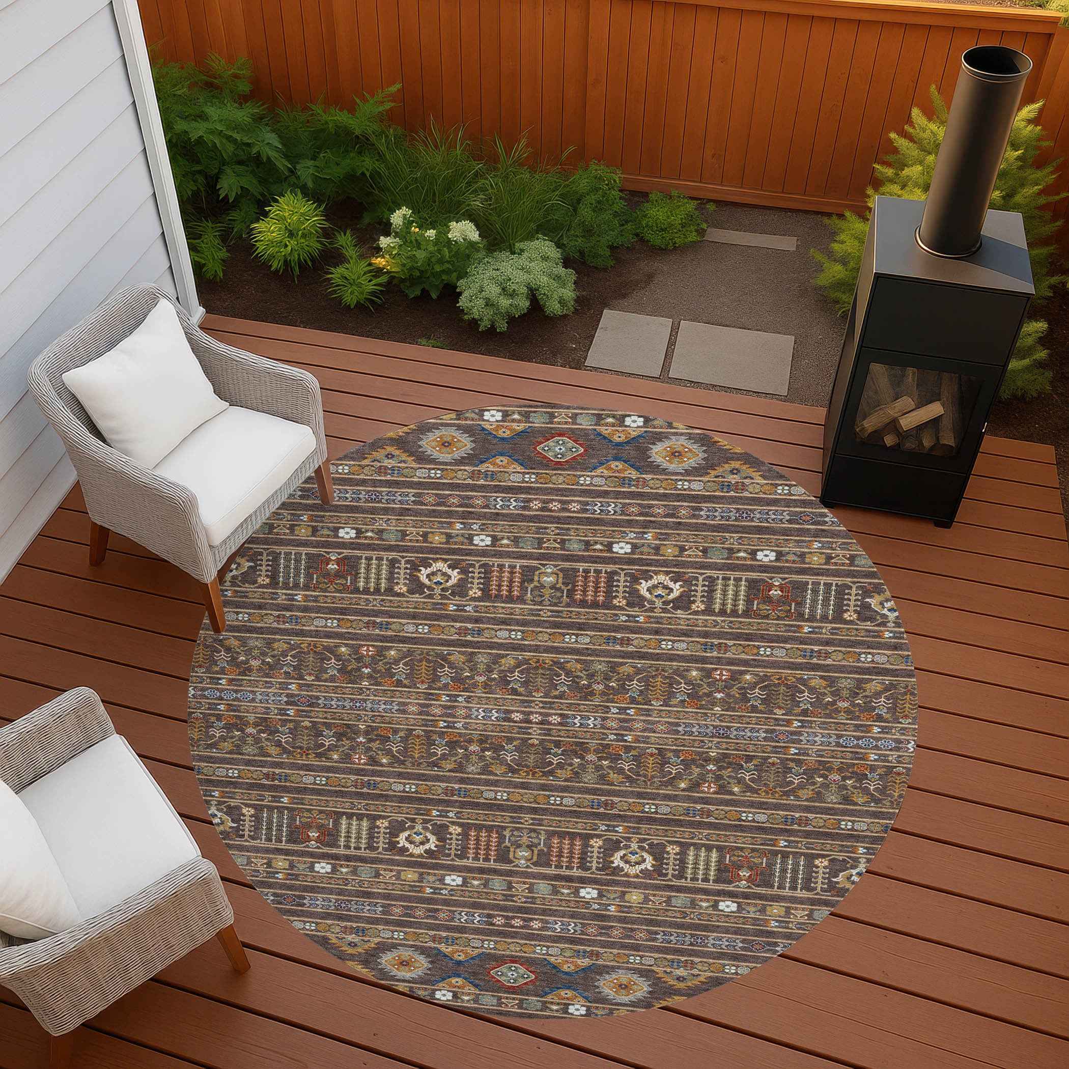 8' Chocolate Blue And Copper Round Tribal Washable Indoor Outdoor Area Rug