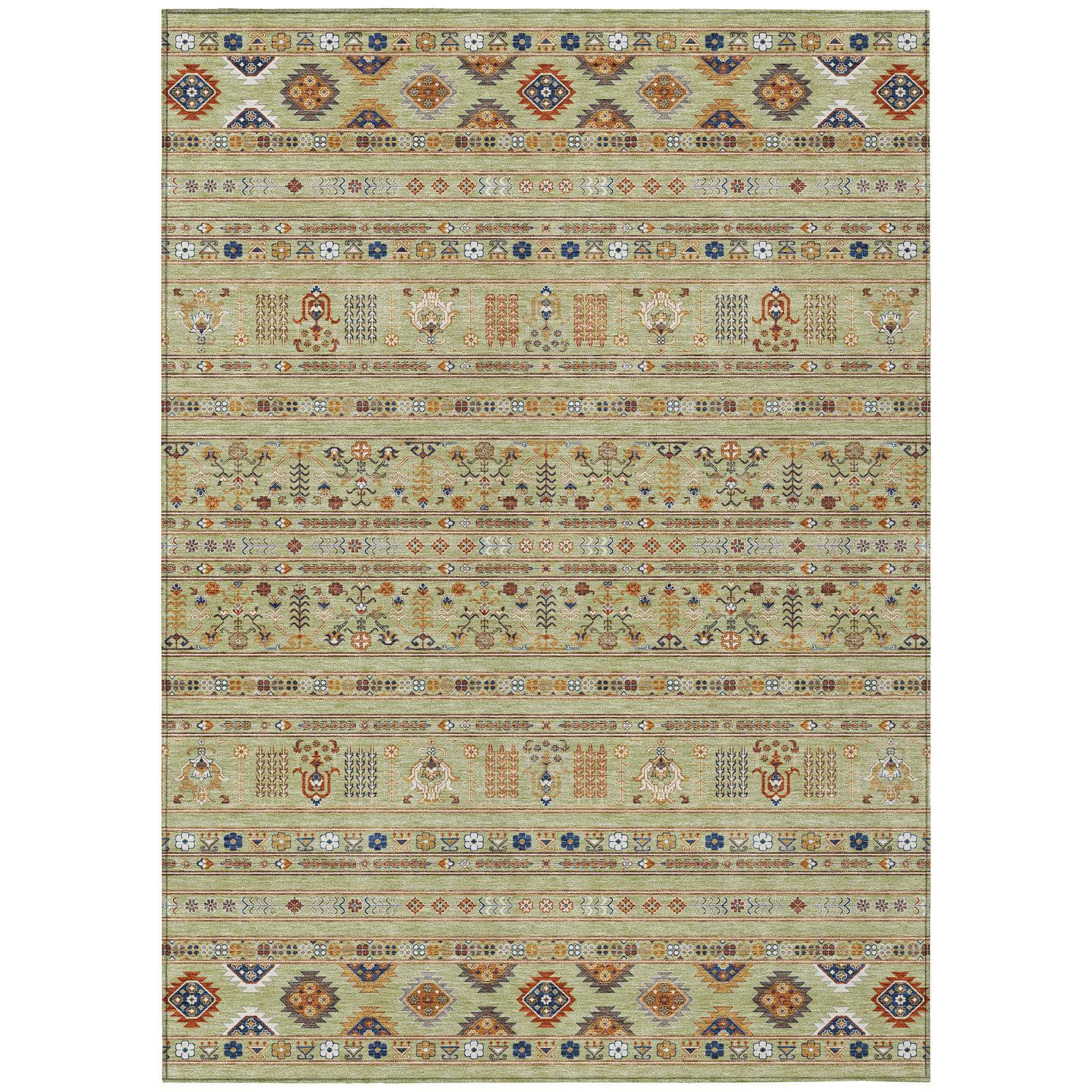 8' X 10' Artichoke Green Blue And Copper Tribal Washable Indoor Outdoor Area Rug
